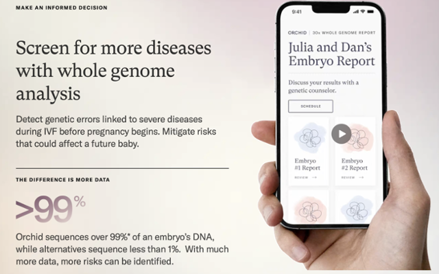 미국 실리콘밸리에 있는 스타트업 '오키드 헬스'가 자사 홈페이지에 올려놓은 배아 선별 검사 서비스 안내문. 오키드헬스 홈페이지 캡처