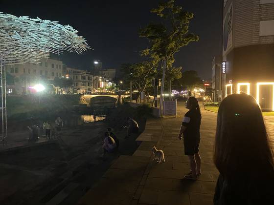 밤 시간 제주 산지천을 찾은 제주 관광객. 최충일 기자