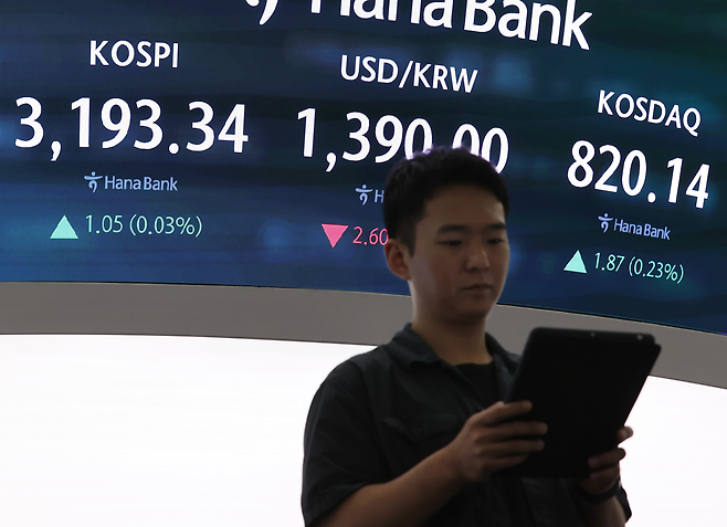 18일 서울 중구 하나은행 본점 딜링룸에서 직원들이 업무를 보고 있다. 이날 코스피는 전장보다 8.15포인트(0.26%) 오른 3200.44로, 코스닥은 3.31포인트(0.40%) 오른 821.58로 시작했다. [연합뉴스]