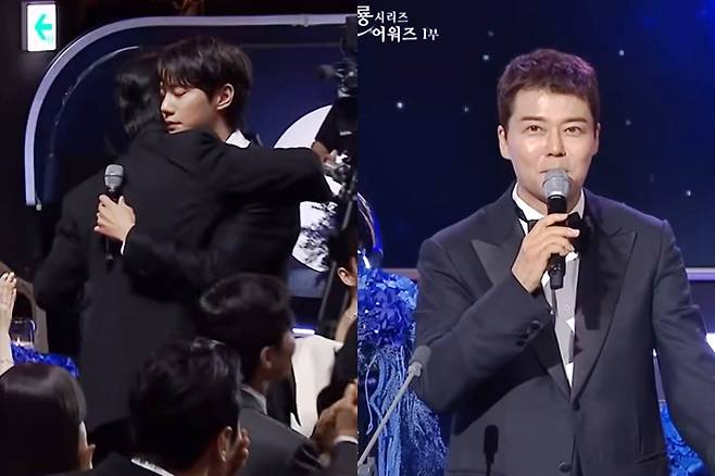수상자를 착각하고 무대 위로 올라갔던 이준영이 이준혁과 포옹하는 모습, 오른쪽은 청룡시리즈어워즈 MC를 맡은 방송인 전현무. 제4회 청룡시리즈어워즈 캡처