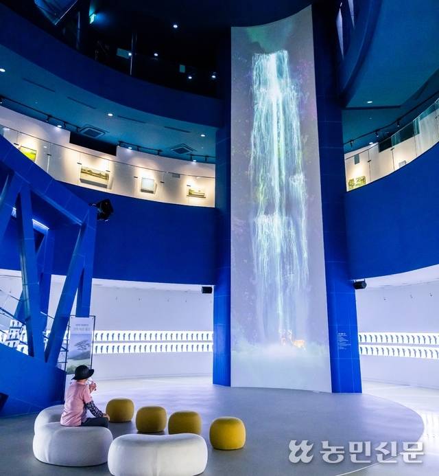 천장이 높은 중앙홀과 나선형으로 이어진 통로가 독특한 내부 구조. 물을 표현한 미디어월이 시원한 느낌을 준다.