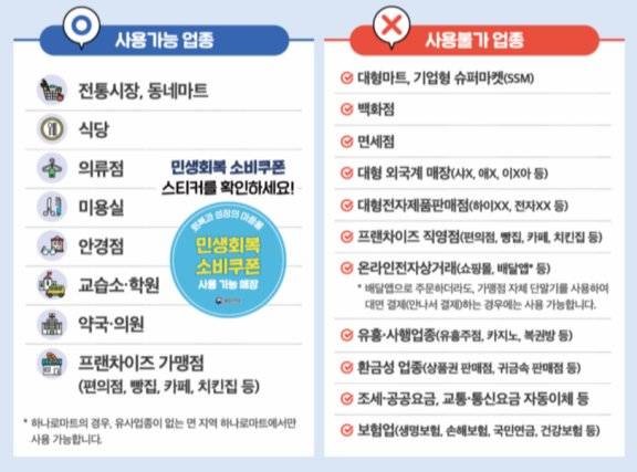 민생회복 소비쿠폰 사용 가능 업종과 불가 업종. 행정안전부 홈페이지 캡처