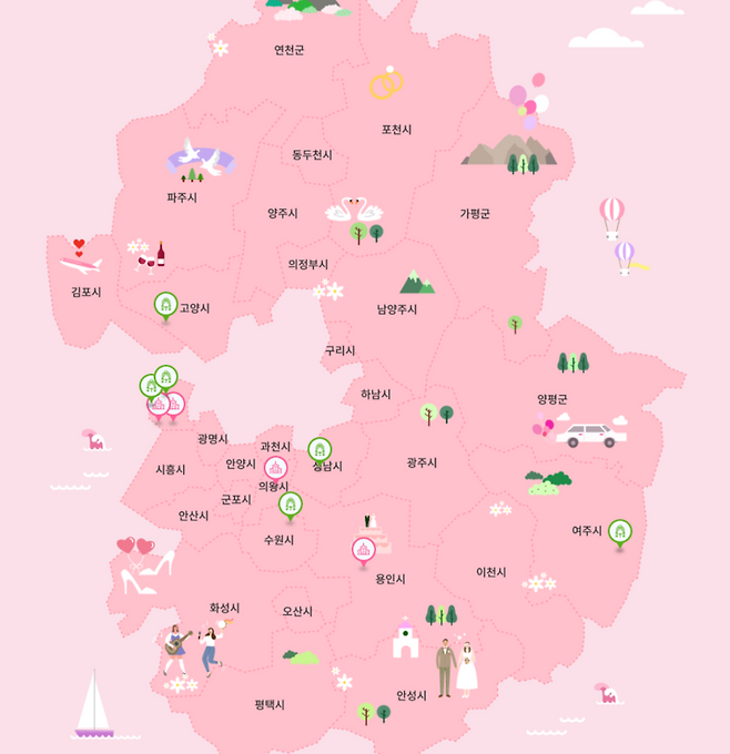 ▲&nbsp;경기도 공유서비스 안내 누리집에서 제공하고 있는 공공예식장 지도. 대부분 운영 조차 하지 않을 뿐더러, 운영하는 곳도 활성화가 되지 않고 있다. /경기공유서비스 캡쳐