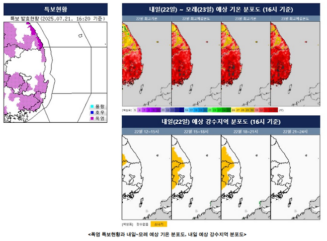 폭염 특보현황과 21일~23일 예상 기온 , 강수량 분포도. 대구기상청 제공