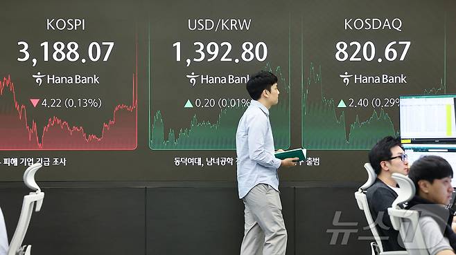 서울 중구 하나은행 본점 딜링룸 전광판./뉴스1 ⓒ News1 김도우 기자