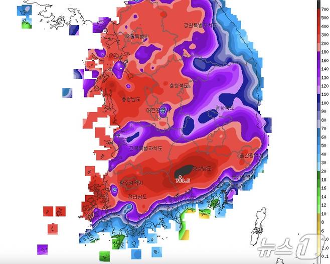 16~20일 전국 누적 강수량 분포도(기상청 제공) ⓒ 뉴스1