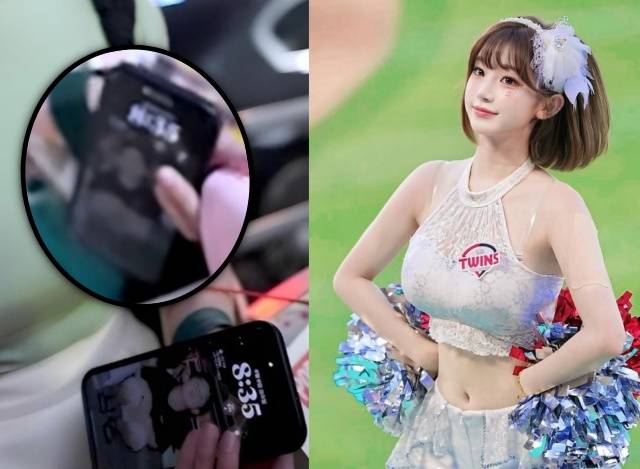 치어리더 이주은과 키움 히어로즈 박수종의 열애설이 확산하는 가운데 이주은(오)이 들고 있던 휴대전화 배경화면 인물이 박수종 선수의 어린 시절 사진이라는 주장이 제기됐다. /SNS 갈무리