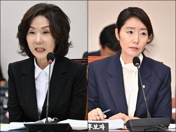 이재명 대통령이 20일 '논문 표절' 등 각종 논란으로 인해 지명 철회 결정을 내린 이진숙 사회부총리 겸 교육부 장관 후보자(왼쪽). 오른쪽은 '보좌진 갑질 의혹'에 휩싸여 있는 강선우 여성가족부 장관 후보자. 한국일보 자료사진