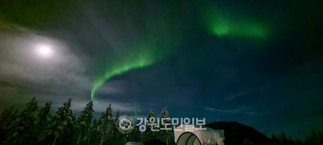 ▲ 박성숙 간성읍장이 지난해 핀란드 오로라 여행에서 핸드폰으로 담은 오로라. 이 오로라가 올해도 한반도 일부지역에서 관측될 것이라는 기대감에 고성지역도 벌써 들썩이고 있다.