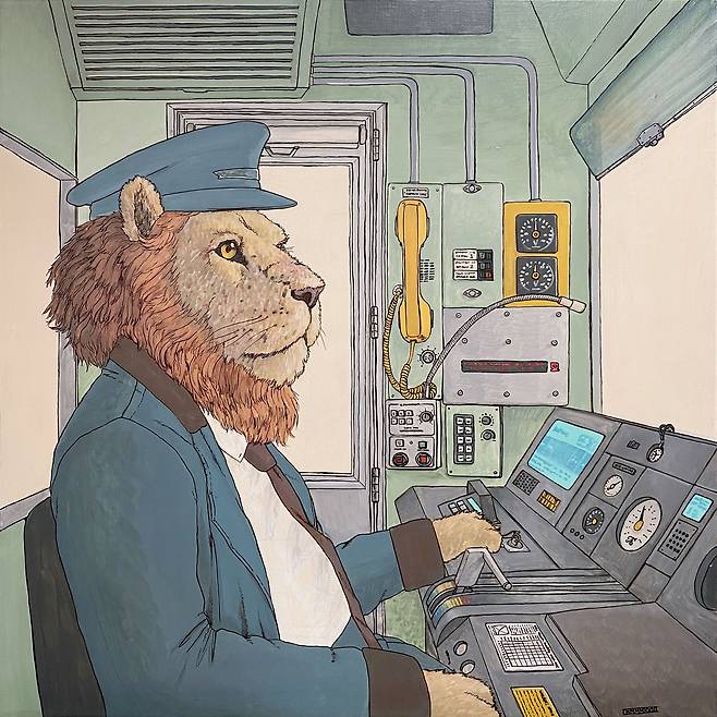 크리스 미소, Lion train driver, 판넬에 아크릴, 30x30cm, 2023