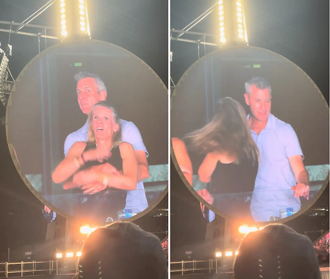 지난 16일(현지시간) 미국 매사추세츠 주 보스턴에서 열린 콜드플레이 콘서트에서 앤디 바이런(男) 아스트로노머 최고경영자(CEO)가 크리스틴 캐벗 최고인사책임자(CPO)에게 백허그를 하며 공연을 즐기는 모습. [뉴욕포스트 홈페이지 캡처]