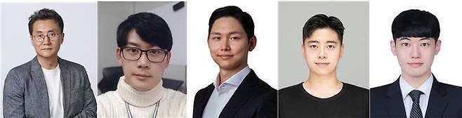 (왼쪽부터) 고려대 화공생명공학과 조진한 교수(교신저자), DGIST 에너지환경연구부 고용민 박사(공동교신저자), 고려대 KU-KIST 융합대학원 백서인 교수(공동교신저자), 조지아텍 기계공학과 남동현 박사(제1저자), 고려대 화공생명공학과 진규호 석사(공동제1저자). (사진=고려대 제공) *재판매 및 DB 금지