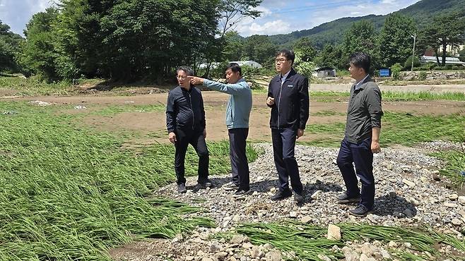 ▲ 엄범식 총괄본부장을 비롯한 농협중앙회 경기본부 관계자들이 수해지역 현장을 긴급 방문해 점검하고 있다. /사진제공=농협중앙회 경기본부