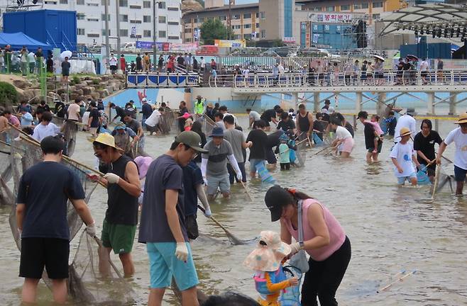 지난해 봉화은어축제 현장에서 관광객들이 내성천 물속에서 은어 반두잡이 체험을 즐기고 있다. <봉화군 제공>