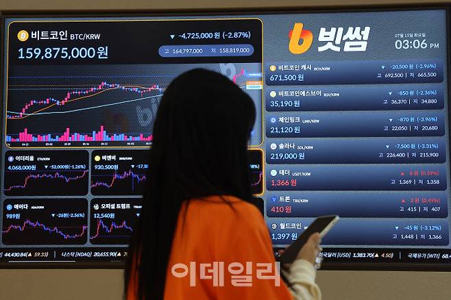 [이데일리 이영훈 기자] 서울 강남구 빗썸라운지 전광판에 코인 현황판이 나오고 있다.