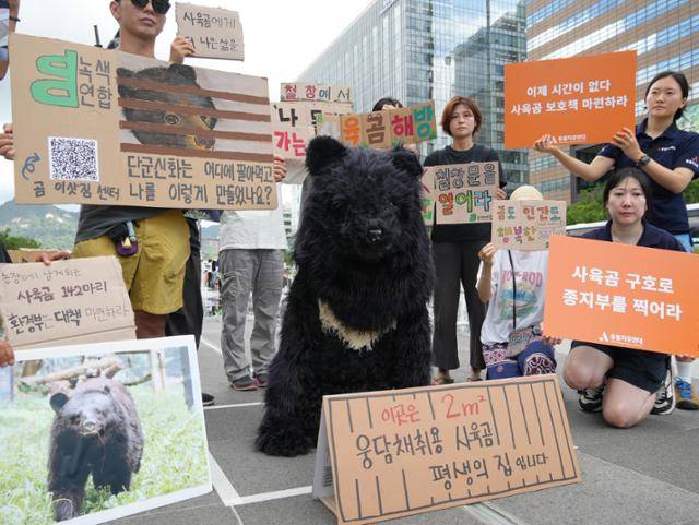 곰보금자리프로젝트, 녹색연합, 동물자유연대는 22일 서울 종로구 광화문광장 이순신 동상 앞에서 정부에 사육곰 산업 종식 책임을 다할 것을 촉구하는 기자회견을 열었다. 동물자유연대 제공