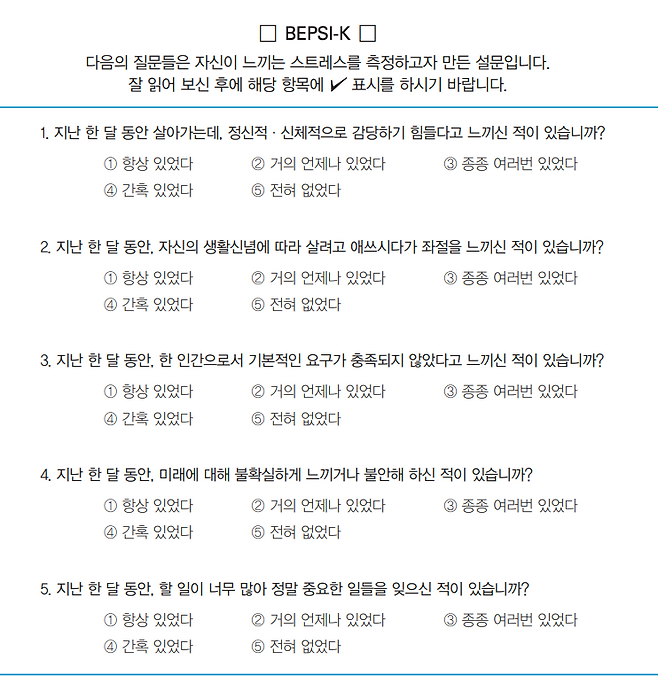 간이 스트레스 평가 도구로 각 문항은 1점(항상 있었다)에서 5점(전혀 없었다)입니다.  5개 문항 점수의 합을 평균 내 2.8점 이상이면 ‘심한 스트레스’로 연구팀은 정의했습니다.
