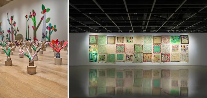 [좌] 정민제 개인전 <MY GREEN WONDERLAND>(2022.06.13. – 07.08.), KT&G 대치갤러리 전시 전경 / 제공. 정민제 [우] 정민제 개인전 <사십춘기>(2023.05.30. – 06.17.) 수성아트피아 A-ARTIST 전시 전경 / 제공. 수성아트피아