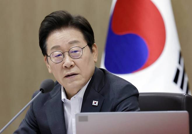 President Lee Jae Myung speaks during a Cabinet meeting at the presidential office in Seoul on Tuesday. (Pool photo via Yonhap)