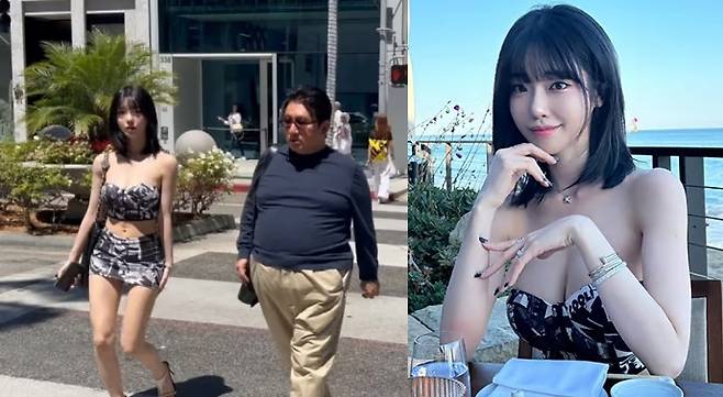 방시혁 하이브 의장(왼쪽 사진 오른쪽)이 여성 BJ 과즙세연(본명 인세연)과 함께 미국 로스앤젤레스 거리를 걷고 있는 모습. /사진=유튜브 채널 'I am WalKing' 캡처, 과즙세연 인스타그램