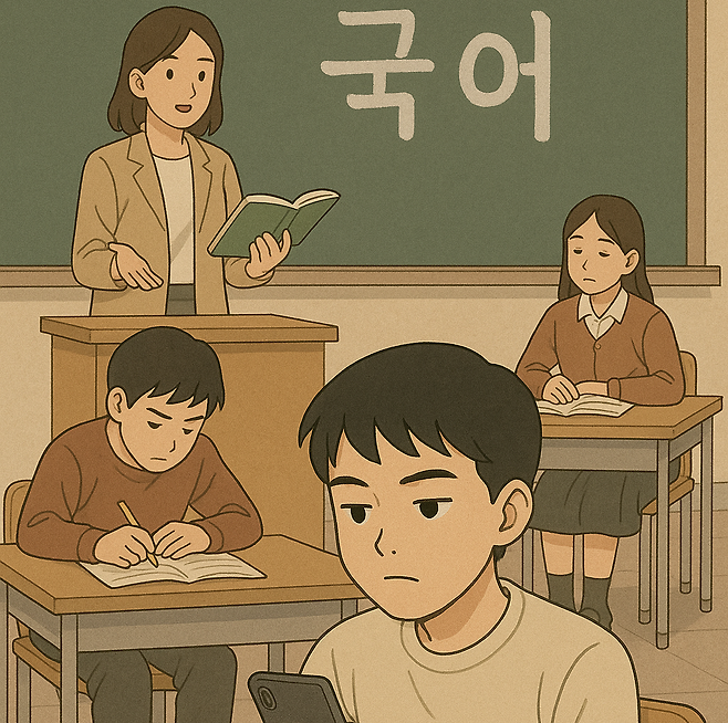 국가수준 학업성취도 평가 결과 지난해 고2·중3 학생 10명 중 1명이 국어에서 ‘기초학력 미달(1수준)’ 등급을 받은 것으로 파악됐다. 사진은 국어 수업을 듣지 않는 학생들의 모습. [챗gpt를 통해 제작]