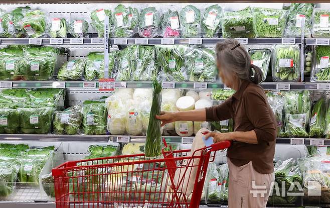 [서울=뉴시스] 황준선 기자 = 사진은 지난 21일 서울 시내 한 대형마트 채소 매대에서 소비자들이 채소를 고르고 있는 모습. 2025.07.21. hwang@newsis.com