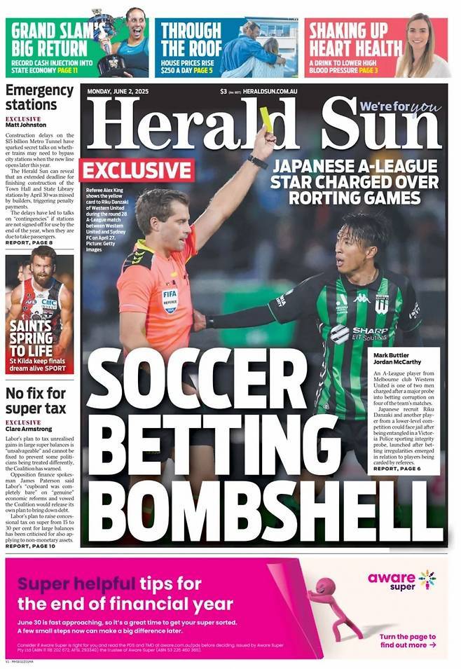 L'Australian Media Herald Sun a rapporté que la manipulation présumée du jeu sportif du milieu de terrain japonais Riku le mois dernier. / Photo = Herald Capture