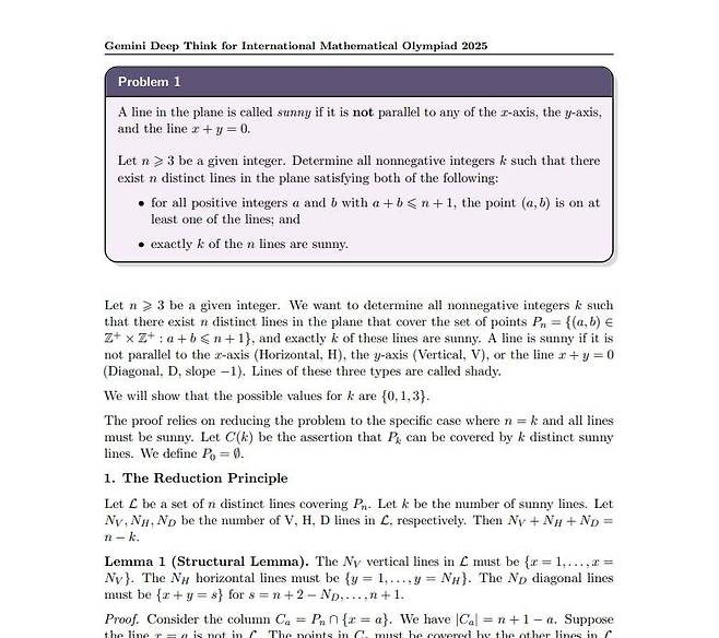 구글 AI가 제출한 국제수학올림피아드 답안 (서울=연합뉴스) 구글 딥마인드는 국제수학올림피아드(IMO) 채점자들이 인공지능(AI) 챗봇 '제미나이 딥 싱크'(Gemini Deep Think)의 고급 버전이 제출한 답안을 인간 참가자들과 똑같은 조건과 채점 기준으로 평가한 결과 42점 만점에 35점이 나왔다고 21일(현지시간) 블로그 게시물을 통해 밝혔다.