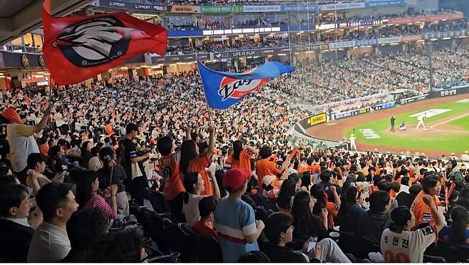 지난 5월15일 대전한화생명볼파크에서 열린 프로야구 한화이글스 대 두산베어스 경기에서 한화 팬들이 이글스 깃발을 흔들며 응원하고 있다. 이날은 한화가 두산에 2대0으로 패했다. 최예린 기자