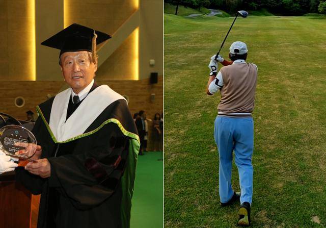 권노갑 김대중재단 이사장은 2013년 83세로 한국외대 개교 이래 최고령 석사 학위를 받았다. 당시 학위수여식에서 특별상을 받았다(왼쪽 사진). 늦은 나이에 시작한 골프 실력도 화제다. 지난 달 샷이글을 했다. 연합뉴스ㆍ권노갑 이사장 제공
