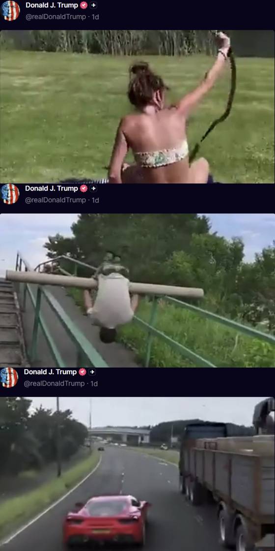 뱀을 맨손으로 잡는 여성, 고속도로를 질주하는 차량, 오토바이 곡예 영상 등 정치와 무관한 장면을 짜깁기한 영상. 사진 트루스소셜 캡처