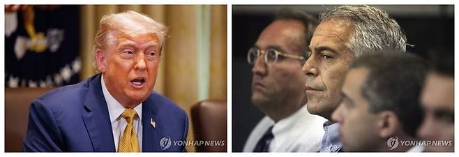 왼쪽은 지난 8일 백악관 각료회의에서 발언하는 도널드 트럼프 미국 대통령. 오른쪽은 2008년 재판받는 제프리 엡스타인의 모습. EPA·AP 연합뉴스