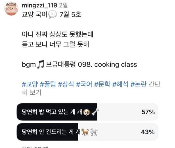 유튜버 밍찌가 자신의 인스타그램에서 속담 해석에 관해 투표를 게시한 글. [사진 출처 = 밍찌 인스타그램 캡처]