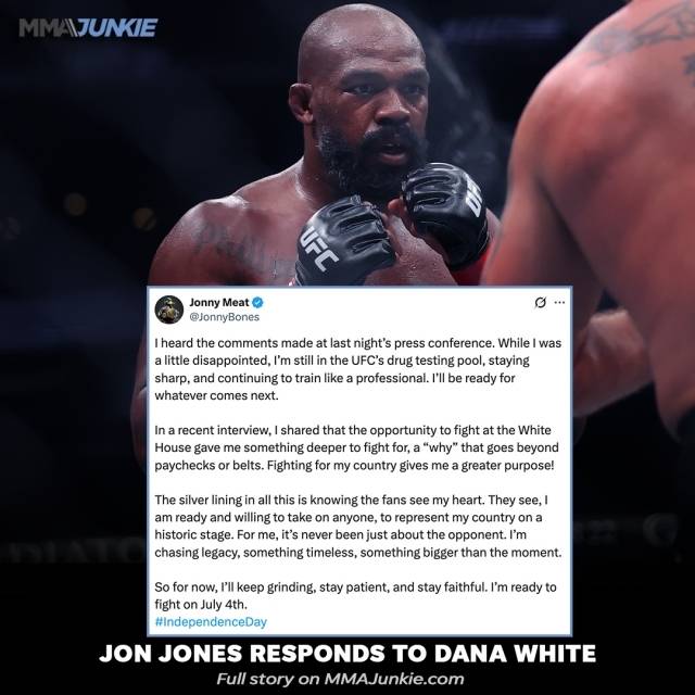 존스는 믿었던 화이트 대표의 배신(?)에 실망했음을 숨기지 않았다. 그는 “화이트의 이야기를 들었다. 조금 실망스럽지만 여전히 UFC 약물 검사 프로그램에 등록되어 있고 날카로운 상태를 유지하기 위해 훈련하고 있다. 어떤 상황이 오더라도 준비되어 있다”고 밝혔다. 사진=MMA 준키 SNS