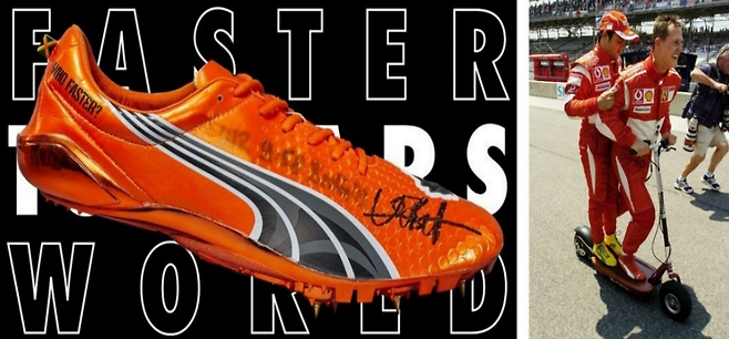 우사인 볼트가 2009년 세계선수권대회 100M 결승전에서 신었던 푸마의 ‘테세우스 프로 스프린트 스파이크’(왼쪽), 스피드캣을 신은 트랙 위의 미하엘 슈마허