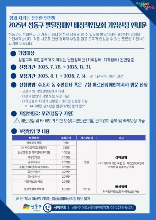 2025년 성동구 발달장애인 배상책임보험 가입신청 안내문. 성동구 제공