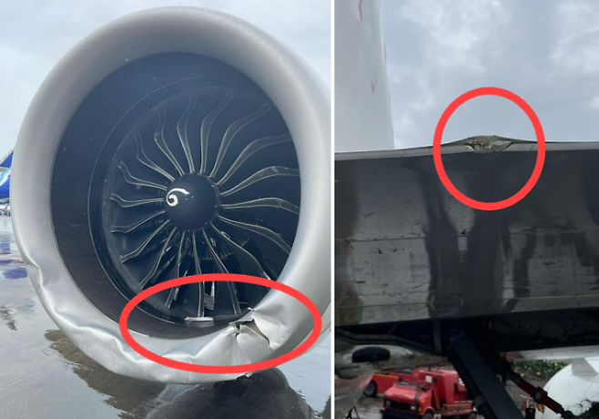 21일(현지시간) 인도 에어인디아의 에어버스 A320 여객기 인도 뭄바이 국제공항에 착륙하다가 폭우로 인해 미끄러져 활주로에서 벗어나는 사고가 발생했다. 사진은 사고로 훼손된 엔진 외피 등 기체 일부분