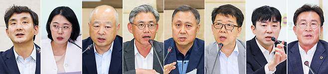 ▲ 24일 인천 남동구 인천시의회 의원총회의실에서 열린 '민선 8기 3주년 인천시장 공약 이행 평가 및 대응 방안 토론회'에서 참가자들이 다양한 제언을 쏟아냈다. 왼쪽부터 사회자를 맡은 이준한 국립인천대 정치외교학과 교수(인천일보 시민편집위원장)와 발제자로 나선 민소정 인천경실련 정책위원회 부위원장, 심인보 인천시 평가담당관, 토론자로 참여한 윤관옥 인천일보 문화경영대학장, 김송원 인천경실련 사무처장, 이왕기 인천연구원 부원장, 신성영 인천시의원, 김종득 인천시의원. /이호윤 기자 256@incheonilbo.com