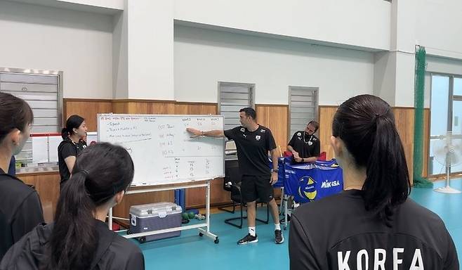 훈련 시작 전 선수들에게 설명하는&nbsp;모랄레스&nbsp;여자배구대표팀 감독(중앙)