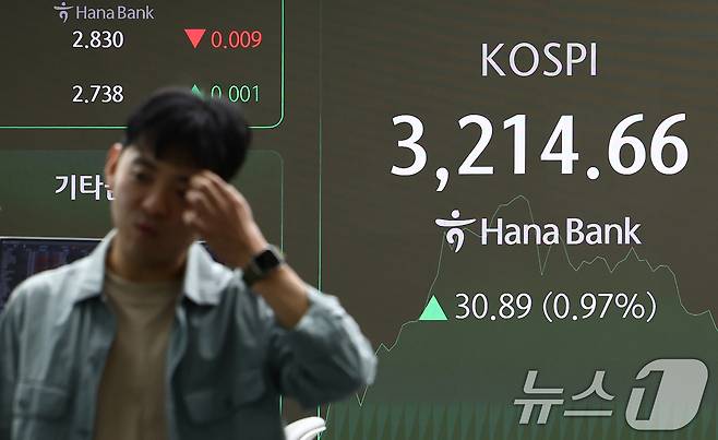 24일 오전 서울 하나은행 본점 딜링룸 전광판에 코스피가 3214.66을 가리키고 있다.  (자료사진) /뉴스1 ⓒ News1 김민지 기자