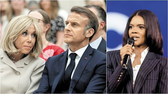 에마뉘엘 마크롱(48) 프랑스 대통령과 배우자 브리지트 마크롱(72) 여사(왼쪽 사진). 미국 인플루언서 캔디스 오언스(36). /로이터 연합뉴스