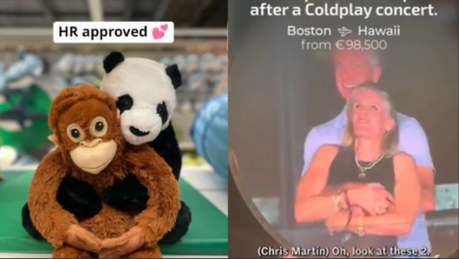 콜드플레이 콘서트 현장에서 같은 회사 남녀 임원의 불륜 정황이 포착된 사진을 패러디한 글로브에어(오른쪽)와 인형으로 패러디한 이케아 사진. /사진=SNS 캡처
