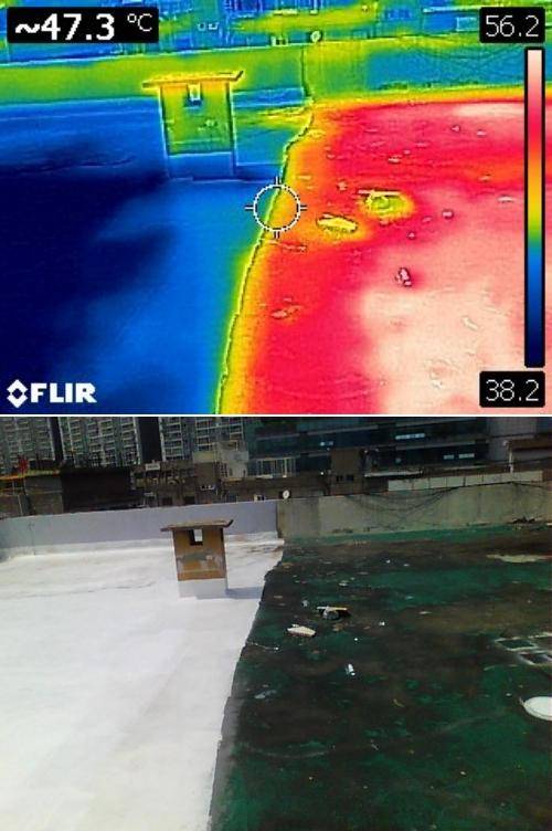 지난 8일 서울 영등포구 문래동의 상가 건물 옥상에서 열화상 카메라로 관측한 흰색 면과 녹색 방수페인트 면의 온도 차이가 확연하다. 홍인택 기자