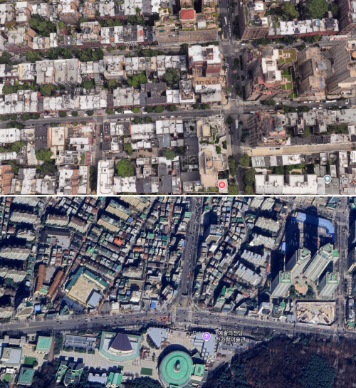 구글 어스 위성 사진으로 본 미국 뉴욕시 워싱턴 스퀘어 파크 인근 지역(위쪽) 건물은 대부분 옥상이 흰색이다. 반면 아래의 서울 서초구 예술의 전당 인근 위성 사진을 보면 흰색 옥상은 찾기 어렵고 대부분 녹색 지붕을 갖고 있다.