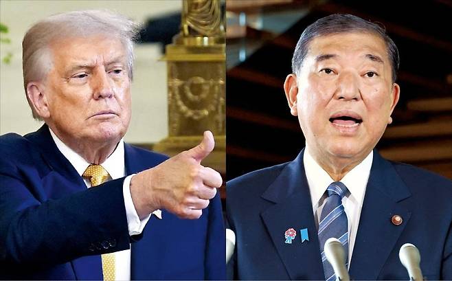 < 트럼프 “日과 최대규모 거래 완료” > 도널드 트럼프 미국 대통령이 22일(현지시간) 일본과의 관세 협상 타결 뒤 백악관에서 ﻿엄지손가락을 치켜들고 있다(왼쪽 사진). 23일 이시바 시게루 일본 총리가 도쿄 총리관저에서 대미 무역 협상 및 자신의 거취 문제와 관련해 기자회견을 하고 있다(오른쪽 사진).  /EPA연합뉴스