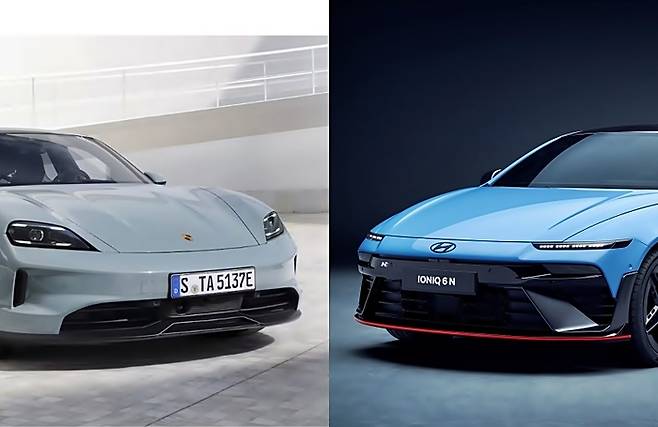 고성능 전기차 대명사인 포르쉐 타이칸(왼쪽)과 도전자인 현대차 아이오닉6 N [사진출처=포르쉐, 현대차/편집=최기성 매경 디지털뉴스룸 기자]