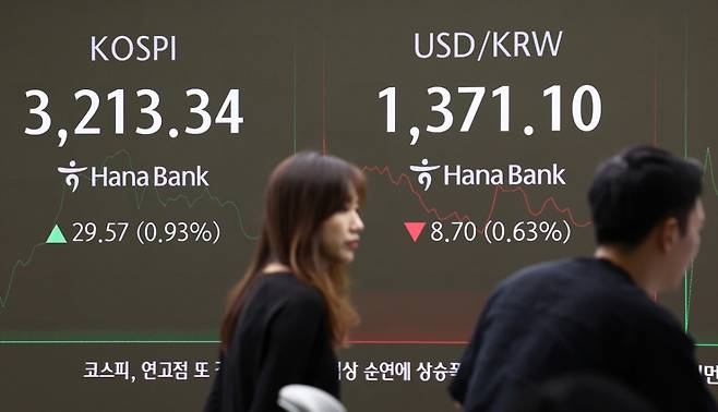 (서울=뉴스1) 김민지 기자 = 24일 오전 서울 중구 하나은행 본점 딜링룸에서 딜러들이 업무를 보고 있다.  이날 코스피는 장중 3230선을 돌파하며 연고점을 경신했지만, 오는 25일 미국 워싱턴DC에서 개최될 예정이던 한미간 2+2 통상협상이 순연됐다는 소식이 전해진 뒤 상승폭을 줄였다. 2025.7.24/뉴스1  Copyright (C) 뉴스1. All rights reserved. 무단 전재 및 재배포,  AI학습 이용 금지. /사진=(서울=뉴스1) 김민지 기자