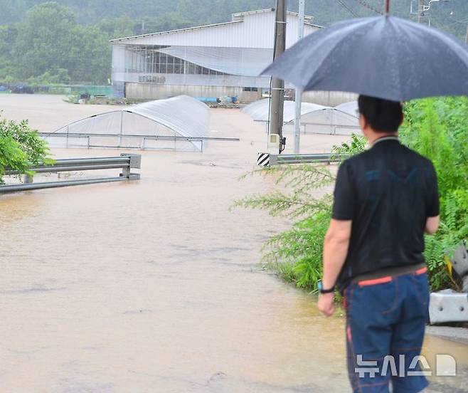 [청주=뉴시스] 서주영 기자 = 사진은 지난 17일 집중호우로 충북 청주시 흥덕구 오송읍 상봉2리의 비닐하우스가 물에 잠겨 있는 모습. 2025.07.17. juyeong@newsis.com
