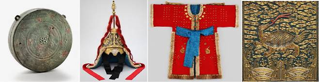 (왼쪽부터)천수원명금고, 갑주와갑주함-투구, 갑주와갑주함-갑주, 거북흉배. (사진-온양민속박물관)