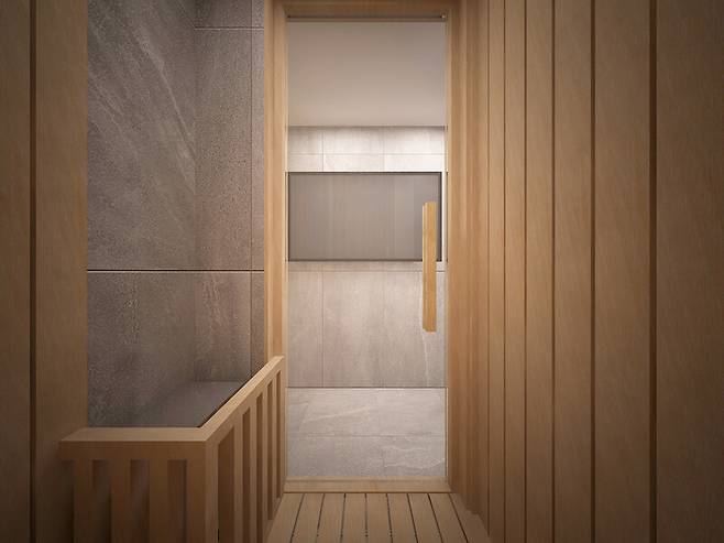 한겨레가 입수한 대통령 집무실 사우나 디자인 시안. 건식 방식으로, 유리문 뒤로 텔레비전이 배치되는 구조다.